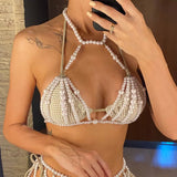 Luxury Pearls Halter Hollow Out See Through Bikini Top Female Swimsuit Women Swimwear Bather Bathing Suit Swim Beach Top V5409