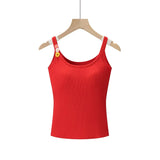 Fashion Solid Color Thin Strap Floral Chest Pad Women White Ribbed Top With Sleeveless Slim Fit Casual Summer Top Charming 3N4J