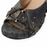 Brand New Women's Y2K Star Rivet Platform Sandals 2000's Peep Toe Slingback Chunky Heel Distressed Denim High Heeled Shoes