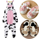Halloween Christmas Cartoon Cow Kigurumi Unicorn Pajama Slipper Jumpsuit Women's Cute Zipper Hooded Sleepwear Onesies Winter