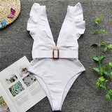New Sexy Ruffled White Deep V One Piece Swimsuit Women Swimwear Female With Belt Monokini Bather Bathing Suit Swim Lady V2198