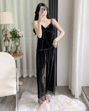Gold velvet three-piece pajamas set, autumn and winter lace nightgown, sexy home wear with chest pad