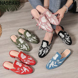 NASBAVI Fashion 3d Embroidery Mules Women Fur Slippers Velvet Shoes Ladies Low Heel Flower Decoration Sandals Women's Flip Flops