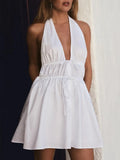 Bowknot White Backless Beach Summer Women's Dress Deep V Neck Cotton Short Vestidos Sexy Sleeveless Halter New in Dress 2025