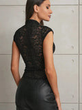 Ahagaga Summer Chic Lace Patchwork Tops Tees Sexy Sleeveless High Neck Hollow Out Slim Regular Elegant Club T-Shirt for Ladies