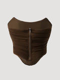 Brown Shaping Fishbone Tube Top Women's Vest Sexy High Waist Slim Fit Fashion Non-Slip Strip Zipper Bustier Bra Solid Color 2C92