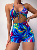 2026 Allover Print Cut-out One Piece Swimsuit Halter Swimwear Women Bathing Suit Female Swimming Summer Beachwear Bodysuit