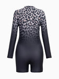 2026 Zipper Rushguard Long Sleeve Surfing Swimsuit Women One Piece Leopard Swimwear Female Bather Bathing Swimming Swim Suit XXL