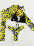 Leopard Printed Long Sleeve Beach Cover-up Bikini Women Swimwear Female Swimsuit Three-pieces Bikini Set Micro Bathing Suit Swim