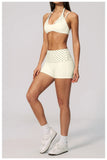 Breathable Striped Patchwork Yoga Clothing Women Fake Two-piece Sports Bra Folding High Waist Shorts Gym Running Fitness Suit