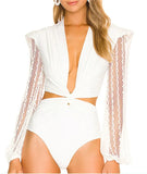 2026 New Sexy One Piece Swimsuit Swimwear Women Solid Hollow Lace Mesh Long Sleeve Deep V-neck One-piece Bathing Suit Beachwear