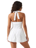 Women's Summer Solid Color Halter Neck Mini Dress Lace Trim Neckline Eyelet Embroidery Backless Tie-Back Slim Party Dresses