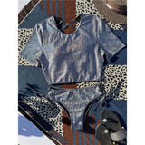 Plaid Cross Back Short Sleeve Bikini Women Swimwear Female Swimsuit Two-Pieces Bikini Set Bather Bathing Suit Swim Lady V4395