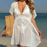 2025 V Neck Short Sleeve Hollow Out Knitted Tunic Beach Cover Up Cover-ups Beach Dress Beach Wear Beachwear Female Women K6535