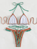 Floral Printed Halter Ruffled Frilled Bikini Women Swimwear Female Swimsuit Two-pieces Bikini set Thong Bathing Suit Swim Lady