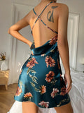 Summer Ice Silk Stain Nightgowns Women Sexy Sleepwear Slip Dress Floral Print Pajamas Open Back Split Nightdress Nighties