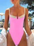 S - XL Splicing High Leg Cut One Piece Swimsuit Women Swimwear Female Underwired V-Bar Bather Bathing Suit Swim Beach Bodysuit