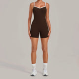 New Tight One-piece Yoga Suit Women Color Contrast Splicing Hollow Back Cross Sports Jumpsuit Outwear Slimming Fitness Bodysuits
