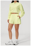 Summer Sun Protection Yoga Suit Women Contrasting Colors Long Sleeve Hoodies Top High Waist Shorts Running Fitness Athletic Wear