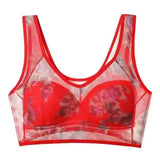 Women Bra Mesh Thin Floral Print Mid-aged Wide Shoulder Strap Wireless Anti-snagging Push Up Seamless Mother Bra