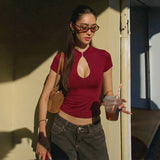 FDYOUI Fashion Stand Collar Button Hollow Out T-shirt for Women 2026 Sexy Short Sleeve Slim Cropped T Shirts Black Wine Red Tops