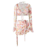 Bikinis Set Swimsuit Women Sweet Floral Prints Summer Girlish Sexy Ruffles Korean Style High Waist Swimwear Fashion Beach Wear