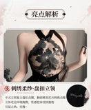 Chinese Traditional Lace Cheongsam Mini Dress Women Sexy Lingerie See-through Embroidery Halter Elegant Qipao Skirt