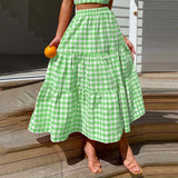 2026 Summer Vintage Checkered Maxi Skirt Women High Waisted Elastic Plaid Ruffle Long Skirts Retro Sweet Cake A  Line Skirts