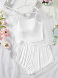 Women's Pajama Set Solid Color Camisole Crop Top and Ruffle Shorts, Sleeveless Soft Sleepwear, Summer Loungewear Outfit