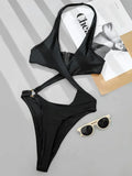 2025 Sexy High Cut Out Halter Female Swimwear One Piece Swimsuit Women Cross Bandage Monokini Bather Bathing Suit Swim Bodysuit