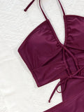 Sexy 3-Piece Bikini Set Women Burgundy Hollow Swimwear Swimsuit Bikinis Set Bathing Suit Beach Bikini Female Drawstring Skirt