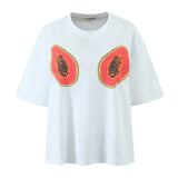 Foridol Papaya Print Fruit T-shirt Women Summer Loose Casual Shirts Blusa Half Sleeve White Spring Summer Shirt 2025 Blouse