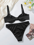 2pcs Luxury Satin Lingerie Set for Women 3/4 Cup High Gloss Silk-like Bra Panty Set Sexy Black Brassiere Underwear MR2938