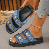 2026 New Flowers Embroidery Platform Slippers Women Fashion Denim Thick Bottom Sandles Woman Plus Size 43 Non Slip Beach Sandals