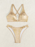 DEKA New Summer Gold Push Up Swimwear Brazilian Bikini Set Back-Crossed Backless Bikini Women Solid Split Waist Beach Vacation
