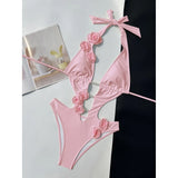 Pink Red Bather Bathing Suit Swim 3D Flower Deep V Neck One Piece Swimsuit Women Swimwear Female High Cut Leg Monokini V6986P