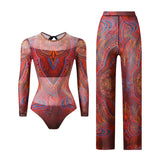 S - XXL New Printed Long Sleeve With Pants Women Swimwear One Piece Swimsuit Female Floral Padded Bather Bathing Suit Swim V7176