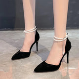 Pearl Baotou Heel Women's Shoes Spring Summer Ankle Strap Pointed Toe Pumps Sexy High Heels Female Shoes