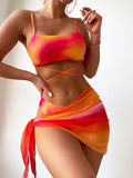 3 Pieces Ombre Lace Up Bikini Swimsuit & Beach Skirt Sexy Swimwear Women 2026 Bathing Swimming Swim Suit Female Summer Beachwear