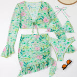 4 Pieces String Bikinis 2026 Women Sexy Swimwear Female Floral Swimsuit Bathers Bathing Swimming Swim Suit Beachwear Summer