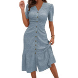 Women's Button Down Ruched Long Dress Summer Beach A-Line Swing Sundress Casual Short Sleeve V-Neck Maxi Dress