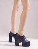 Plus Size Double Row Small Buckle Side Zipper Square Toe Double Layer Platform High Thick Heel Women's Pumps Shallow High Heels