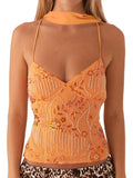 Women Camisoles Sequins Beaded Flower Embroidery V-Neck Casual Camis Tops Summer Fashion Sleeveless Crop Tops with Choker Scarf