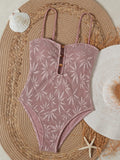 Leaves Printed Mesh Hollow Out Women Swimwear One Piece Swimsuit Female Monokini High Leg Cut Bather Slim Bathing Suit Swim Lady