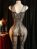 Sheer Floral Jacquard Fishnet Bodysuits - High Stretch, Open Chest, Women Sexy Lingerie Crotchless Bodystockings Babydoll Dress