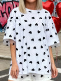 Summer T-Shirt Women Casual Loose Fit Stylish Love Heart Print Crew Neck Short Sleeve Tops