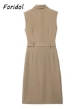 Foridol Khaki Double Breasted Sleeveless Office Windbreaker Style Dress Turn Down Collar Lady Elegenta Vintage Belt New Vestidos