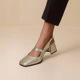 NASBAVI Fashion Women Pumps Slingback Sandals Square Toe Patent Leather Block High Heeled Mary Jane Shoes Ladies Gold Silver