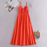 Foridol Elastic Smocking Green Cotton V Neck Summer Women's Dress Sleevless Long Green Maxi Casual Strapy Dress Solid Female