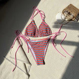 DEKA Women Brazilian Striped Bikini Set Vertical Stripes Thong Bikini Swimsuit Suspender Push Up Surf Swimwear Stylish Beach